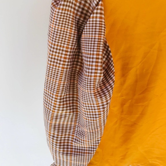 Shein size M mustard blouse with brown plaid balloon sleeves ruffle trim - Picture 2 of 5